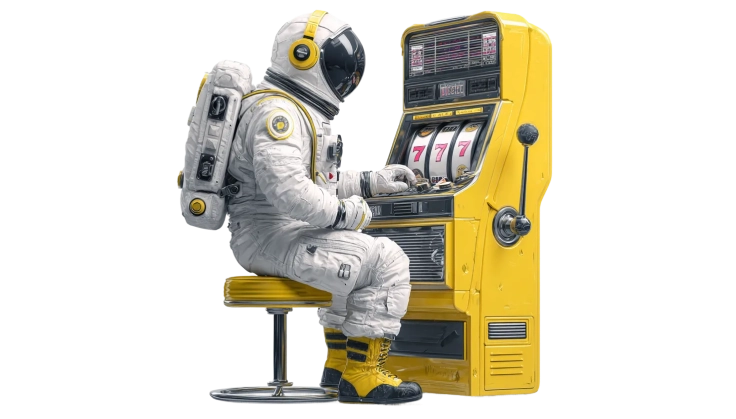 Moonwin astronaut sitting at a yellow slot machine in a sci-fi casino