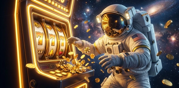 Moonwin astronaut interacting with a glowing slot machine in space