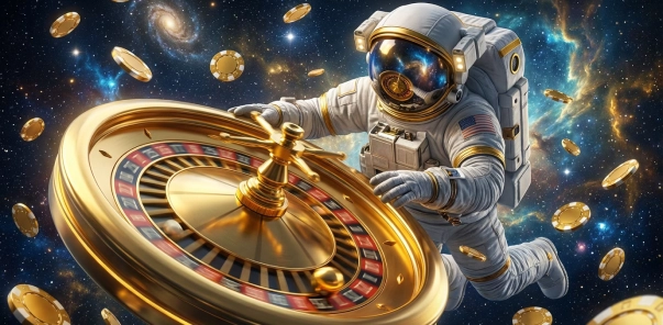 Moonwin astronaut playing roulette in a futuristic space casino